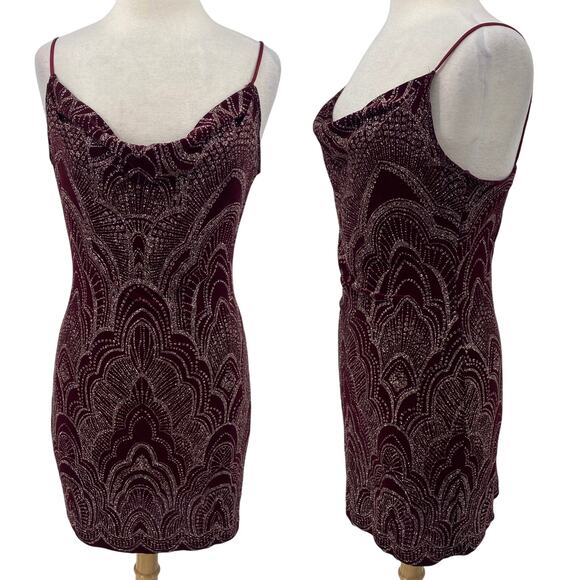 Vintage 90s Cowl Neck Bodycon Mini Dress Strappy Sparkle Design Maroon Gold M - Picture 1 of 9